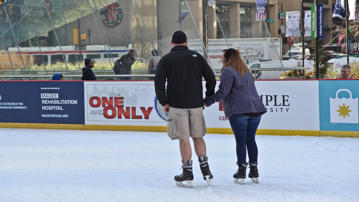 A few skaters at Rothman Rink at Dilworth Park wore shorts on Friday. (Kimberly Paynter/WHYY)