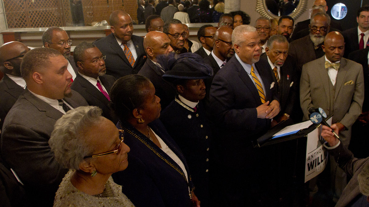 Candidate for Mayor Anthony Hardy Williams with leaders and members of Black Clergy of Philadelphia, who gave Williams their endorsement. (Brad Larrison/for NewsWorks) 