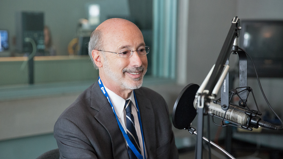 Democratic gubernatorial candidate Tom Wolf speaks to NewsWorks Tonight host Dave Heller at WHYY studios in Philadelphia. (Lindsay Lazarski/WHYY)