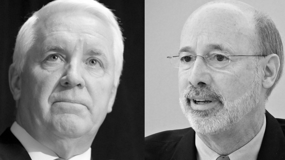  Former Pa. Gov. Tom Corbett (left) and Pa. Gov. Tom Wolf (NewsWorks Image) 