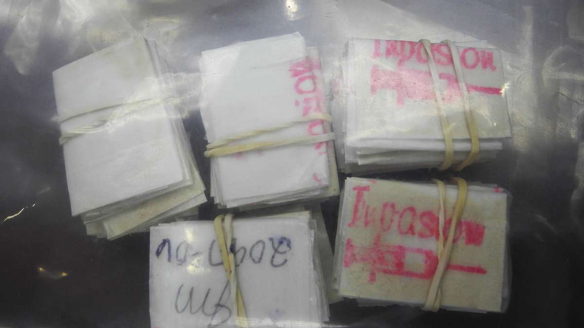  Heroin from a closed criminal case, marked with a dealer's stamp, in a 2013 photo taken at the Ocean County Prosecutor's Office. (Photo: Tracey Samuelson/for NewsWorks) 