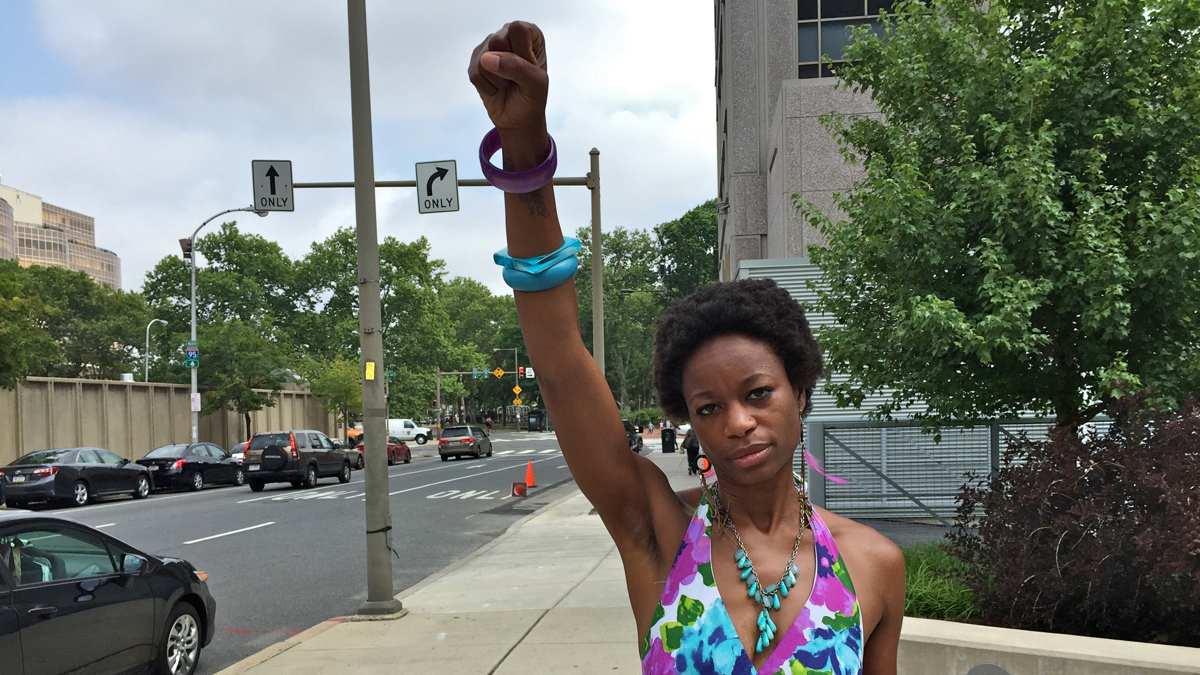YahNe Ndgo of the Bernie or Bust group. (Dana DiFilippo/WHYY)