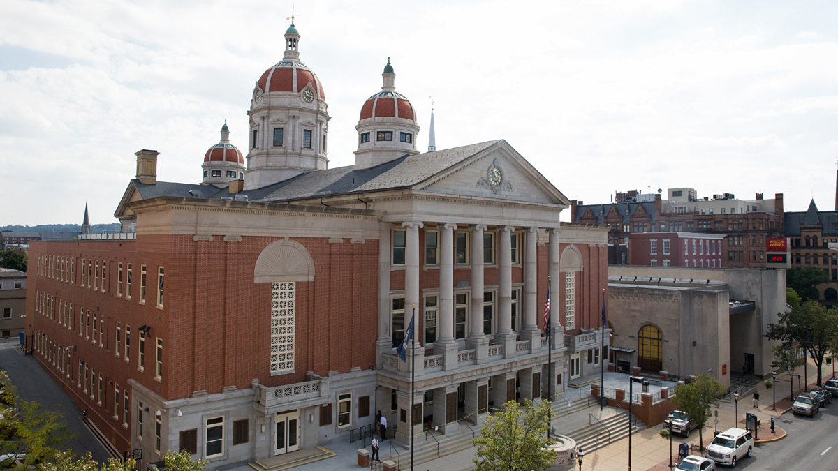The York County Courthouse with three domes is one of the iconic structures of the city.  It was built in 1898 and has gone through multiple restoration projects and additions.  (Lindsay Lazarski/WHYY)