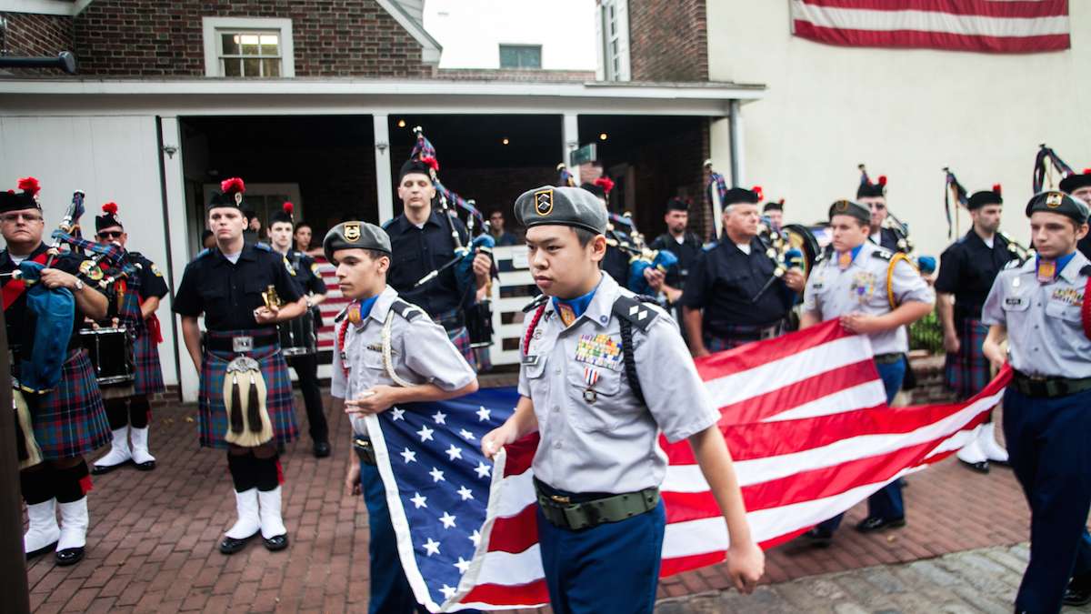 Members of the Frankford High School ROTC Program presented a flag to honor fallen police and firefighters on September 11, 2016.