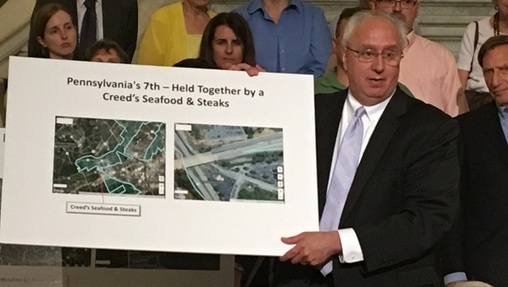  David Gersch, a lawyer representing the complainants, noted that in one place, two sections of the 7th congressional district only connect through a restaurant-sized portion of land. (Photo by Katie Meyer/WITF) 