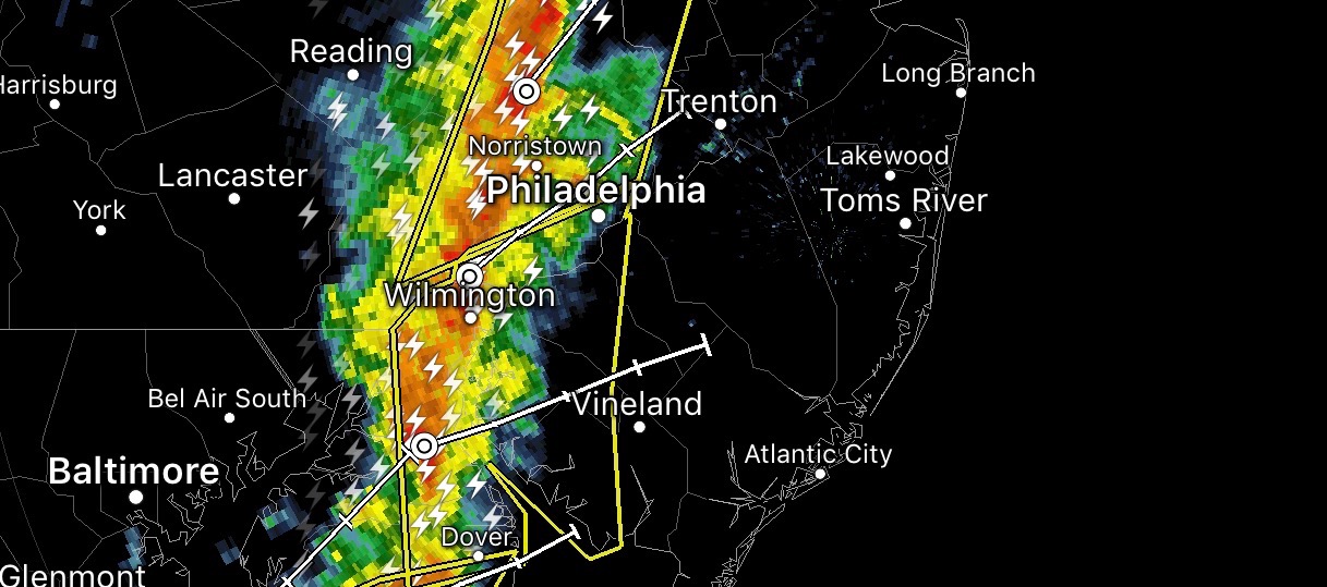  Radar imagery depicting a line of storms approaching the Delaware River at 4:50 today.  