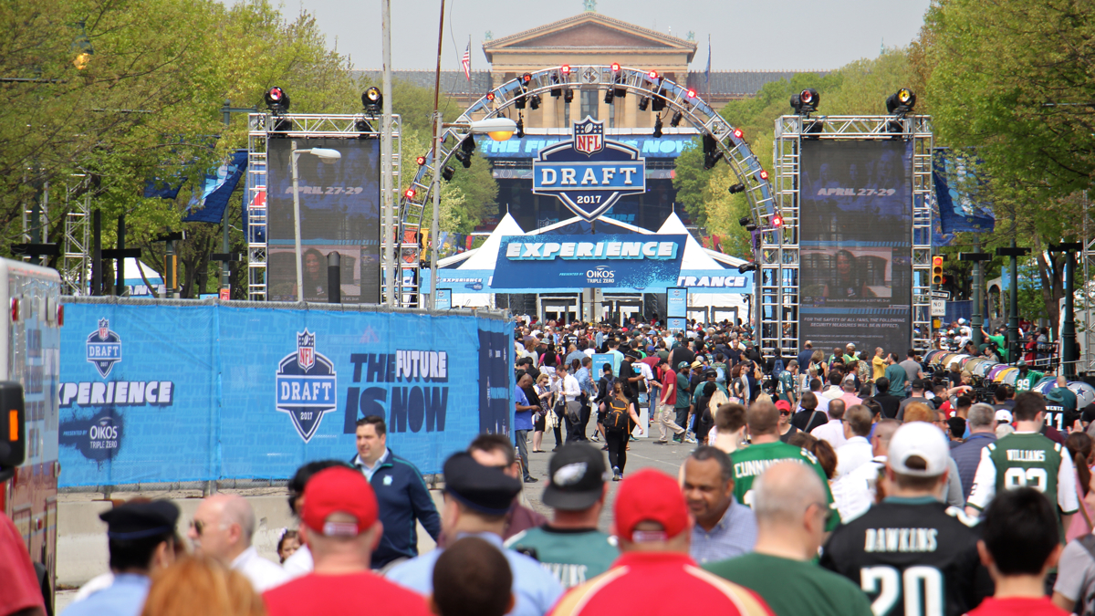 The Philadelphia Museum of Art is nearly obscured by the NFL Draft Experience on the Benjamin Franklin Parkway. (Emma Lee/WHYY)