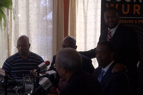<p><p>U.S. Rep. Chaka Fattah, state Rep. Dwight Evans, City Council President Darrell Clarke and Fourth District City Councilman Curtis Jones Jr. at the WURD table at Relish in West Oak Lane. (Brian Hickey/WHYY)</p></p>
