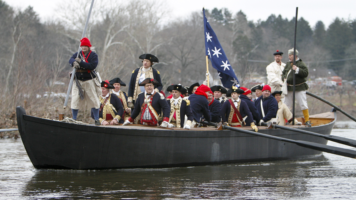 John Godzieba, portraying Gen. George Washington, during a re-enactment of Washington's historic crossing of the Delaware River, Tuesday, Dec. 25, 2012, in Washington Crossing, Pa. (AP Photo/ Joseph Kaczmarek) 