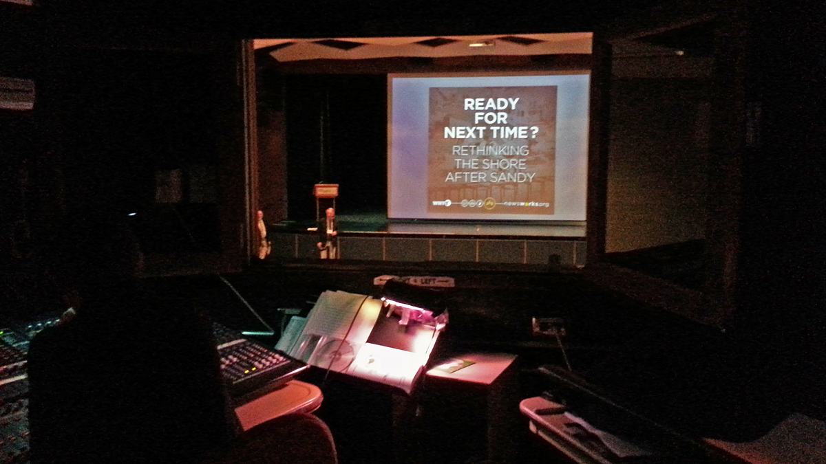  The view from the tech booth before Monday night's forum began. (Alan Tu/WHYY) 