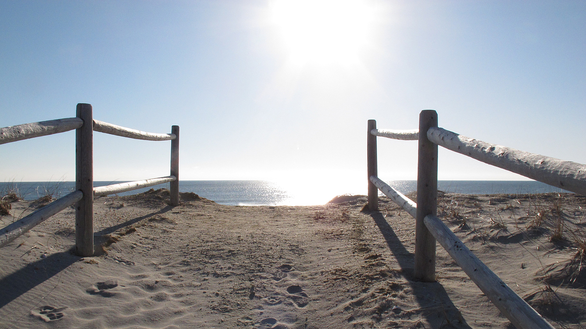  Railings lead the way to the ocean over a newly rebuilt sand dune in Harvey Cedars N.J. (AP Photo/Wayne Parry) 