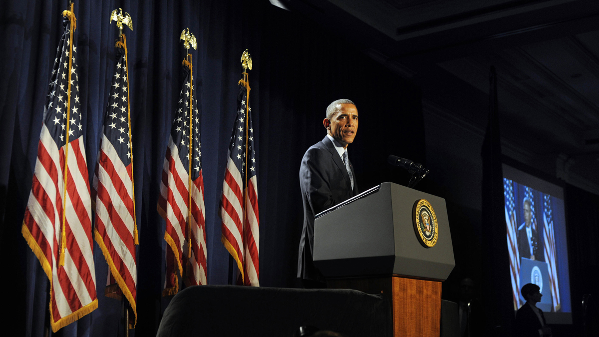  President Barack Obama addresses House Democrats, Thursday, Jan. 29, 2015, in Philadelphia. (AP Photo/The Philadelphia Inquirer, Tom Gralish, Pool) 
