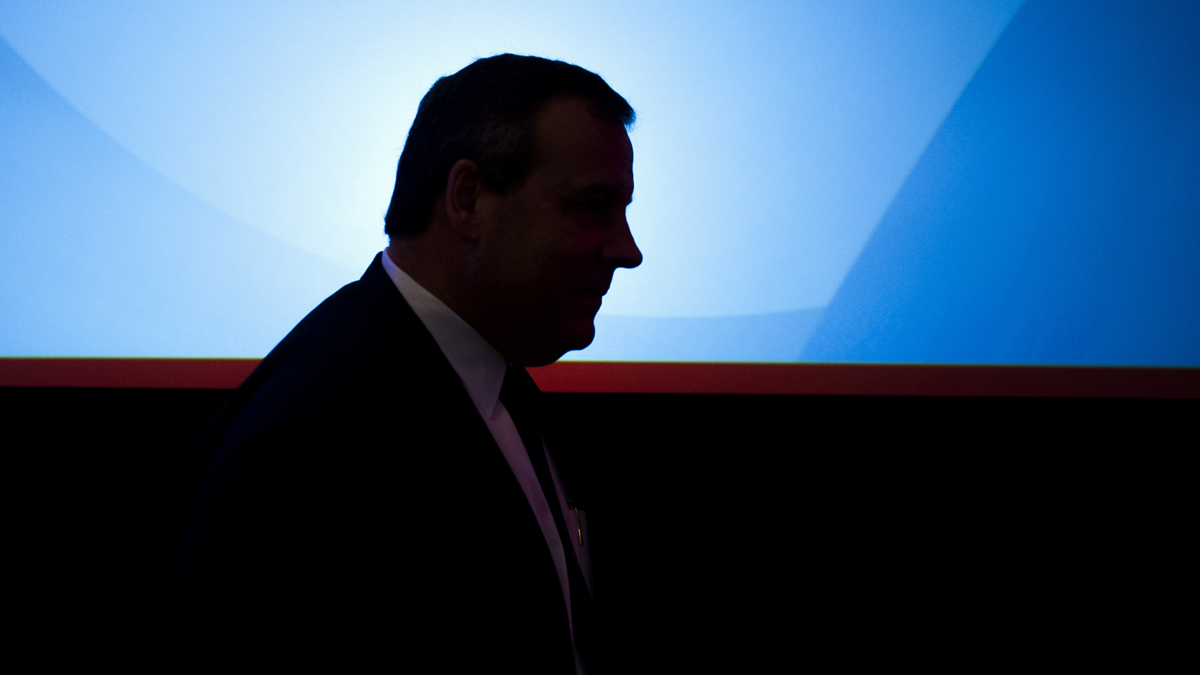  N.J. Gov. Chris Christie walks off stage after speaking to the Northern Virginia Technology Council (NVTC) in Tyson's Corner, Va., Friday, May 1, 2015. (AP Photo/Cliff Owen) 