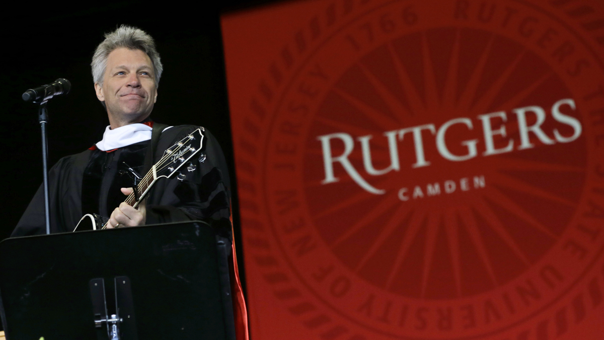  Rock star and philanthropist Jon Bon Jovi performs a new song during graduation ceremonies at Rutgers University-Camden Thursday, May 21, 2015, in Camden, N.J.  