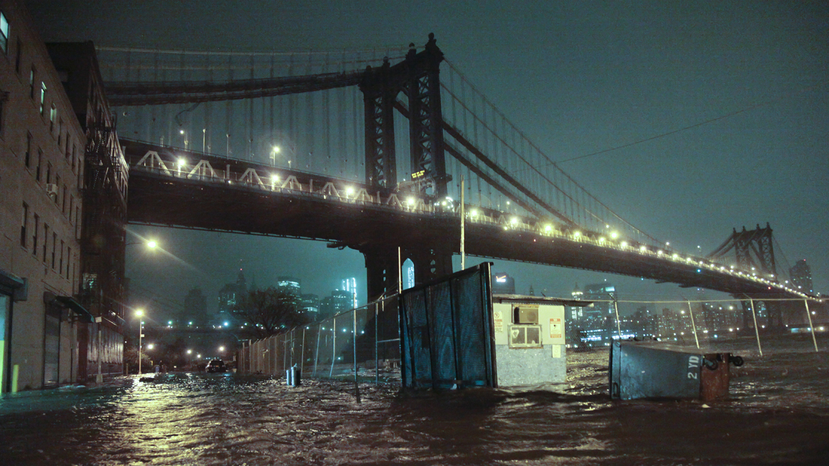  Flooded street under the Manhattan Bridge in Brooklyn, N.Y. on Oct. 29, 2012. (AP Photo/Bebeto Matthews) 
