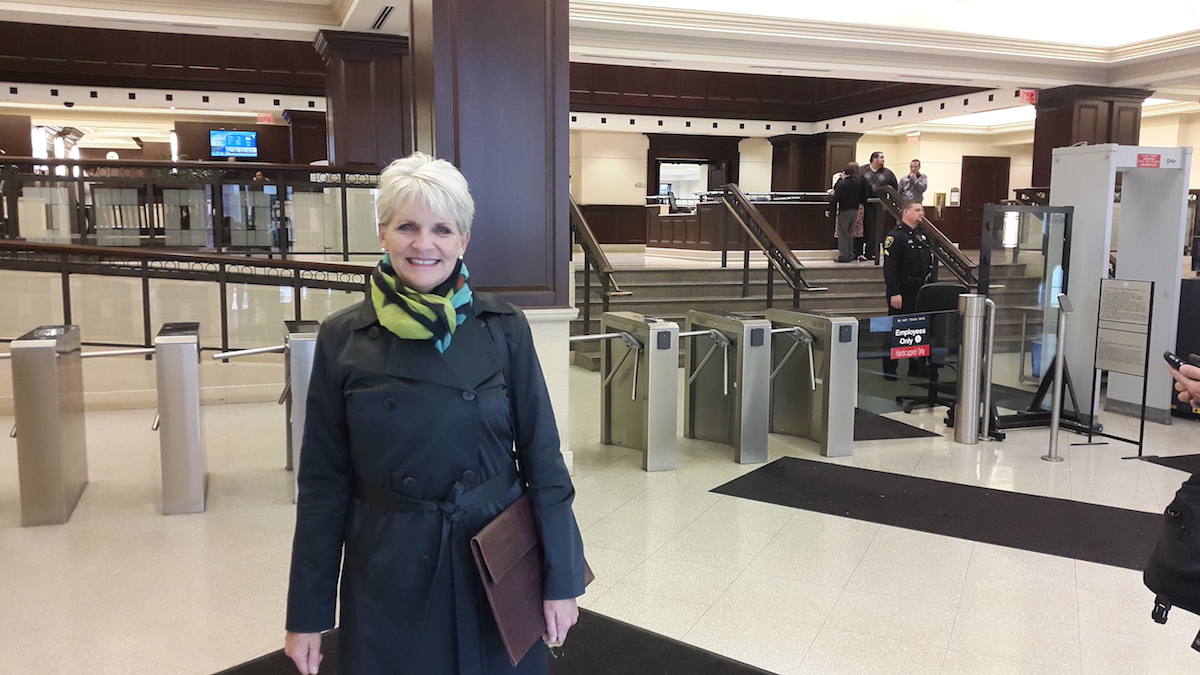 West Chester mayor and Democratic candidate for the 156th district, Caroyln Comitta, in the Chester County Justice Center Thursday. (Laura Benshoff/WHYY) 