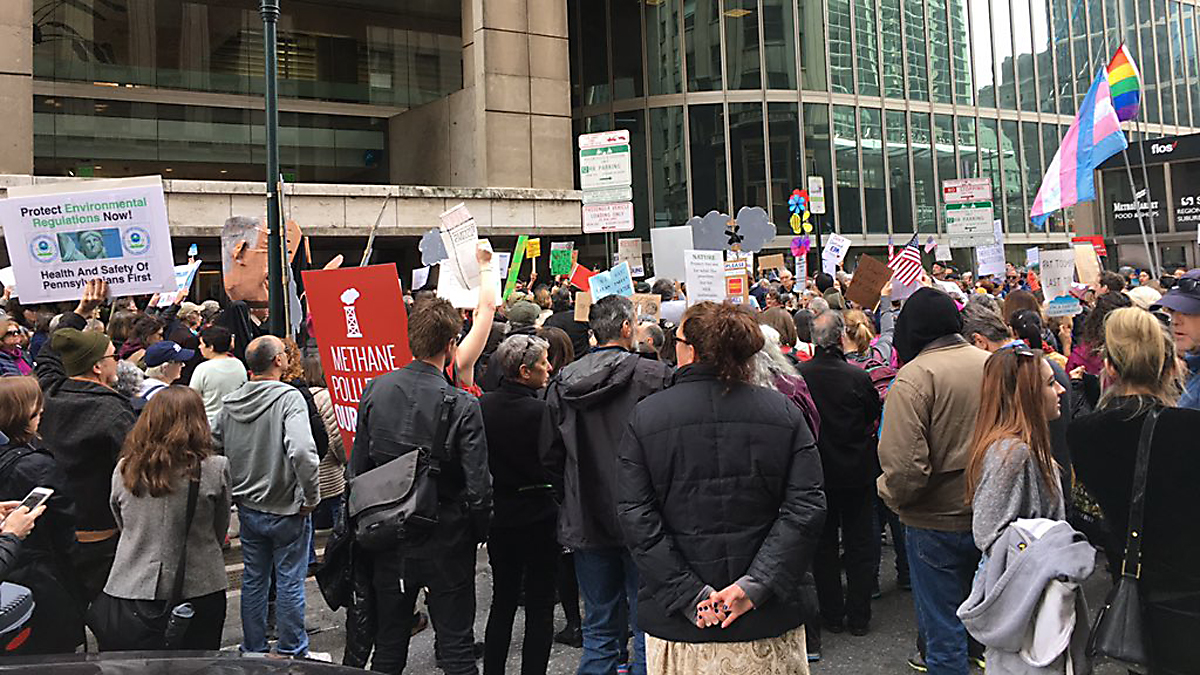  Protesters in front of Republican U.S. Sen. Pat Toomey's office in Philadelphia on Tues, Feb 28, 2017. (Emily Rolen for NewsWorks) 