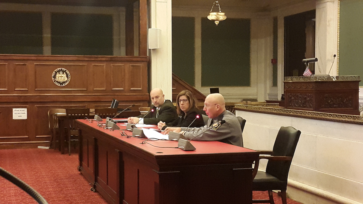  Lt. Col. Stephen Bucar, with the Pennsylvania State Police, testifies during a hearing in Philadelphia on March 17.  (Laura Benshoff/WHYY) 