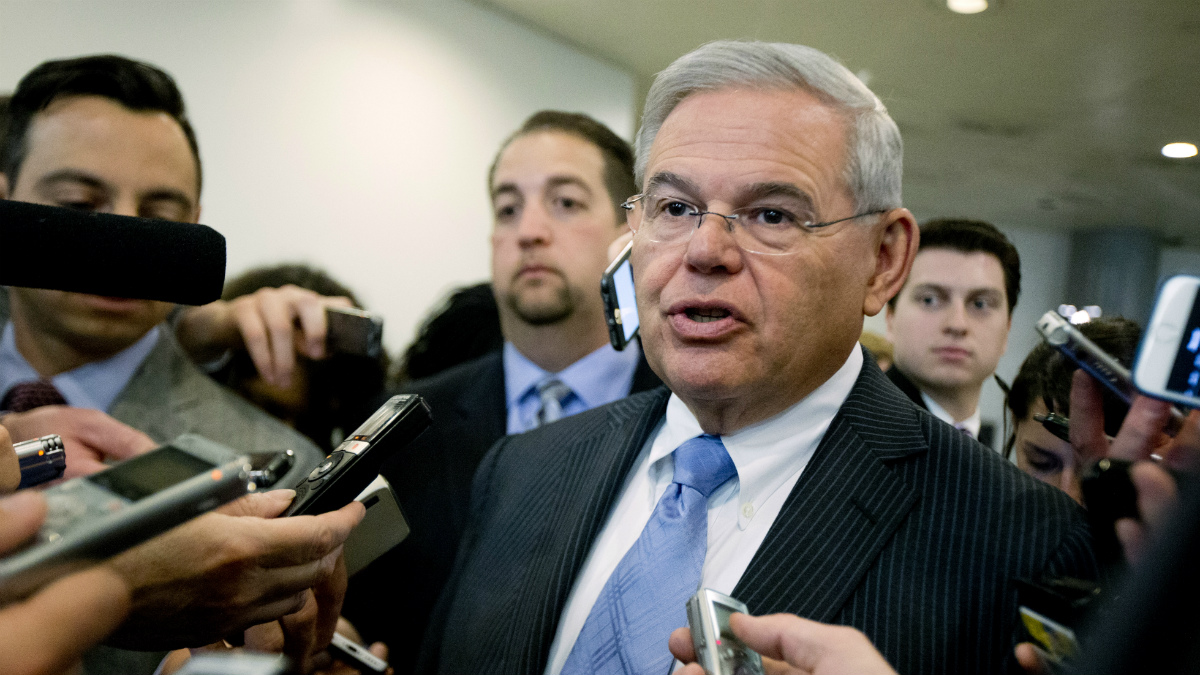  FILE - In this April 14, 2015, file photo, Sen. Robert Menendez, D-N.J. speaks with members of the media on Capitol Hill in Washington.(AP Photo/Manuel Balce Ceneta, File) 