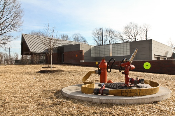 <p>Art work at Engine 38 in Tacony celebrates the history of  firefighting in Philadelphia and the history of the neighborhood and the Disston Saw Works. Work by Suikang Zhao for the Percent for Art program. (Kimberly Paynter/WHYY)</p>
