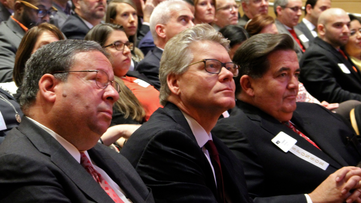  The Greater Philadelphia Chamber of Commerce, led by  Rob Wonderling (center), is challenging Philadelphia's wage history bill, which prohibits employers from asking for a prosepective employee's wage history. (Emma Lee/WHYY) 