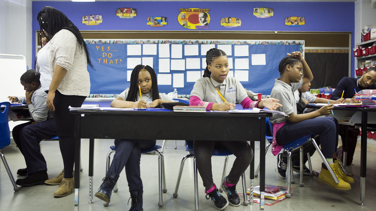  5th grade students attend class at John Wister Elementary, a Mastery Charter school, in Philadelphia, Pa. (Jessica Kourkounis/For Keystone Crossroads) 