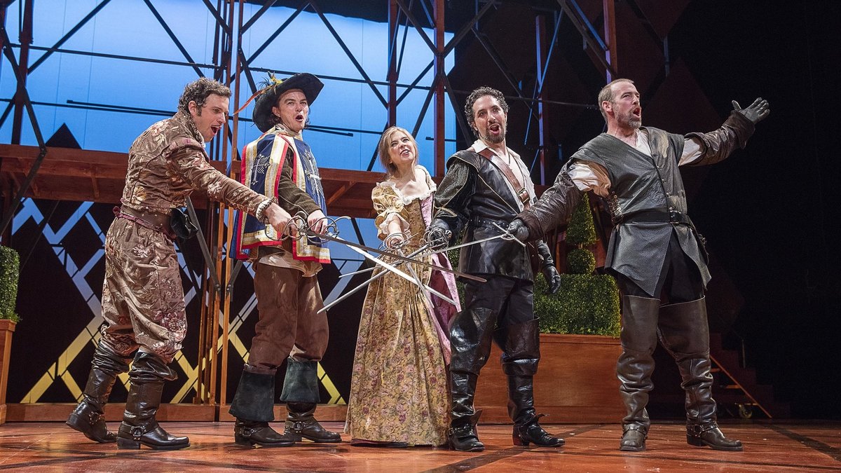  In Pennsylvania Shakespeare Festival's production of 'The Three Musketeers,' the Musketeers are (far left) Zack Robidas, (on right) Alex Sovronsky and Ian Merrill Peakes. In between are Sean Patrick Higgins and Stephanie Hodge.(Photo courtesy of Lee A. Butz) 
