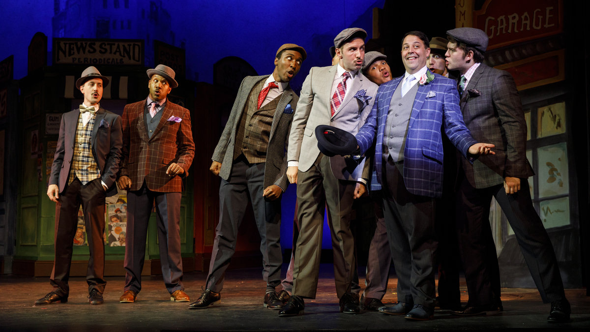  Steve Rosen as Nathan Detroit (in blue-checkered jacket) and some of the the cast of 'Guys and Dolls' at Bucks County Playhouse. (Photo courtesy of Joan Marcus) 
