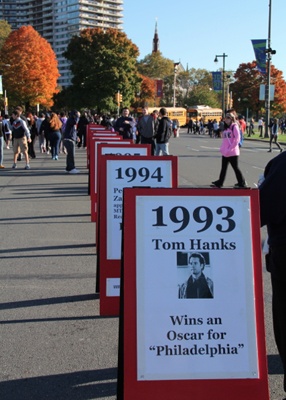 <p><p>Facts about newsworthy and pop culture milestones of the AIDS epidemic stretch out at AIDS Walk Philly, Oct. 21, 2012. (Marta Rusek/for NewsWorks)</p></p>
