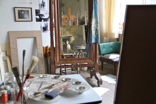 Sketches litter the paint-spattered floor of Andrew Wyeth's studio, which is arranged as though he were in the process of painting 