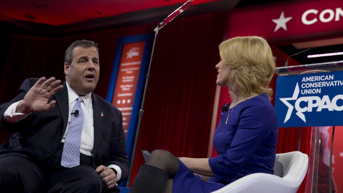  New Jersey Gov. Chris Christie speaks with Laura Ingraham during the Conservative Political Action Conference in National Harbor, Maryland, Thursday. (AP Photo/Carolyn Kaster) 