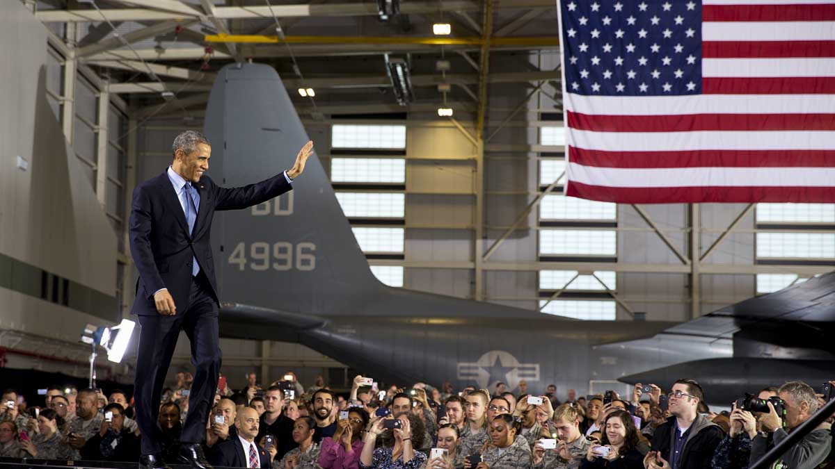  President Barack Obama waves to troops and their families assembled at Joint Base McGuire-Dix-Lakehurst in December. The Pentagon could trim operations at the installation in Wrightstown, New Jersey. (AP file photo)  
