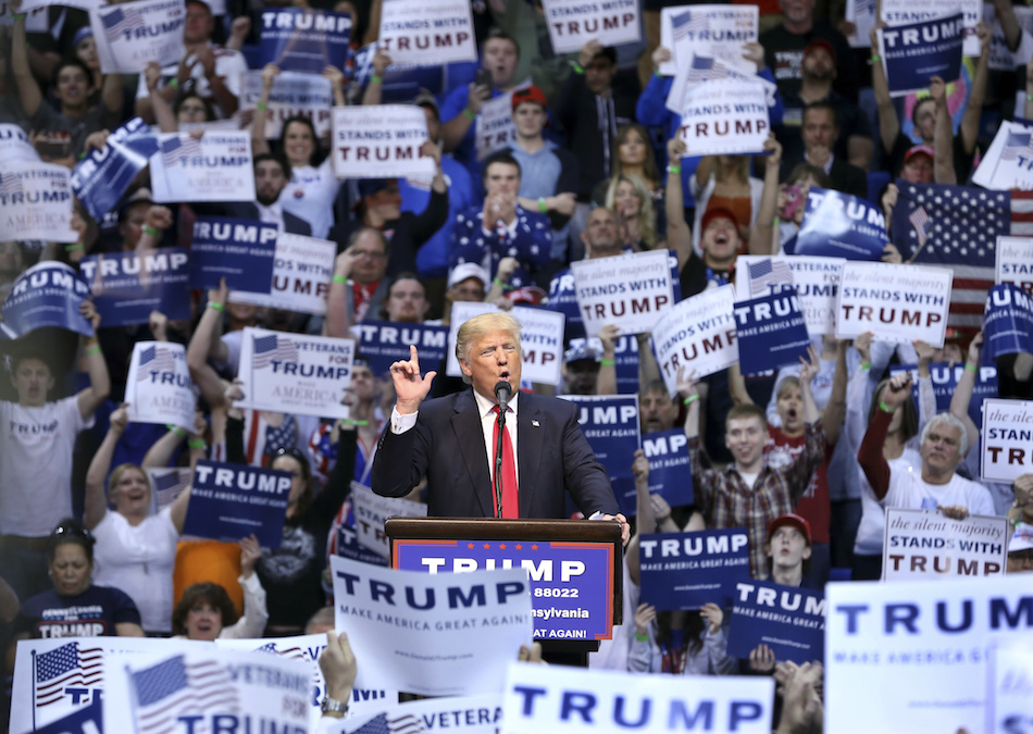 Donald Trump addresses a crowd of supporters in Wilkes Barre