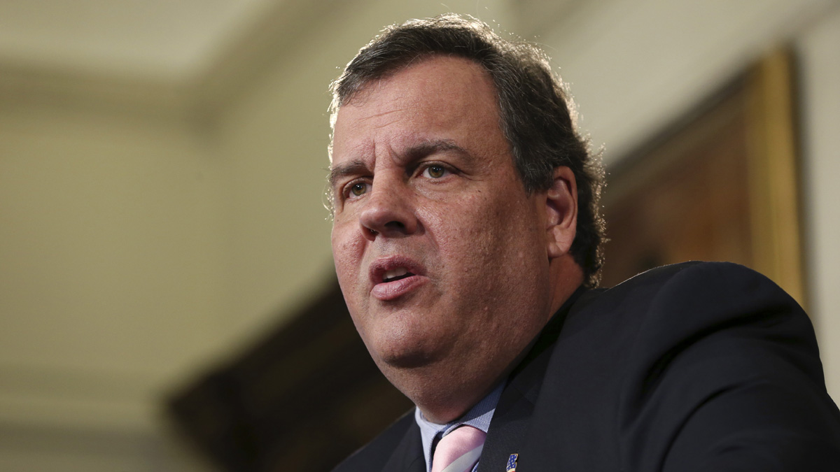 New Jersey Gov. Chris Christie addresses a gathering as he announces that he will require all of the state's schools to test for lead in water starting next school year Monday in Trenton. (AP Photo/Mel Evans