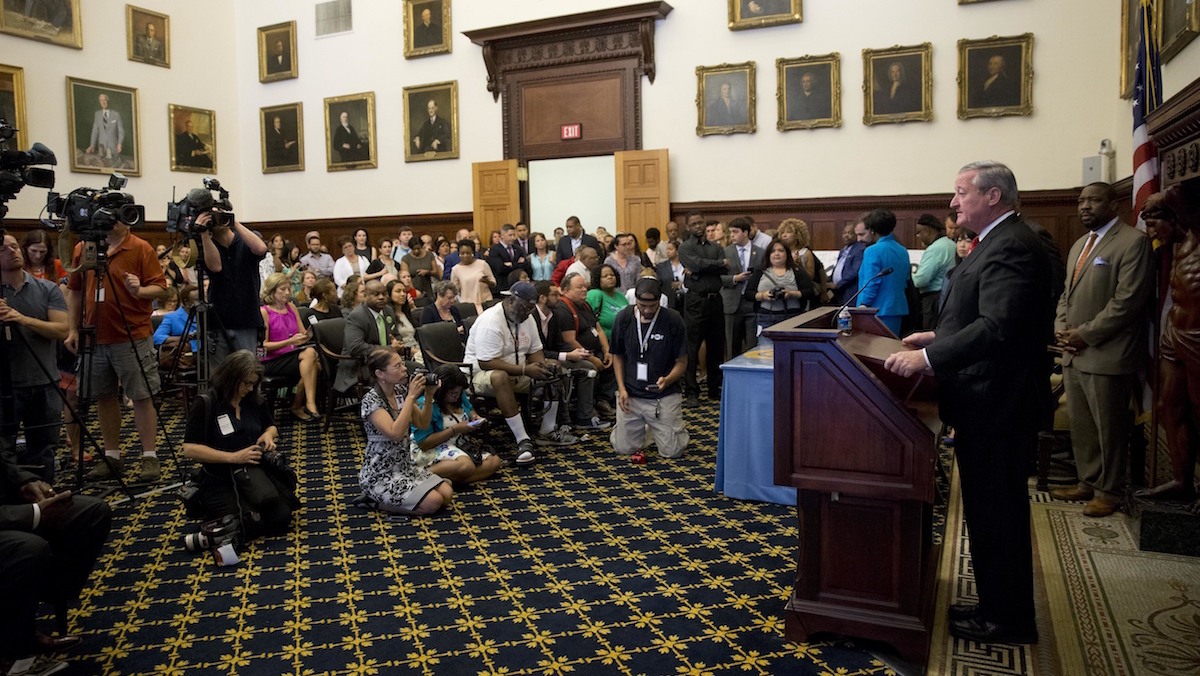  Mayor Jim Kenney speaks after signing into law a 1.5-cents-per-ounce tax on sweetened beverages at City Hall in Philadelphia in June.  (AP Photo/Matt Rourke) 