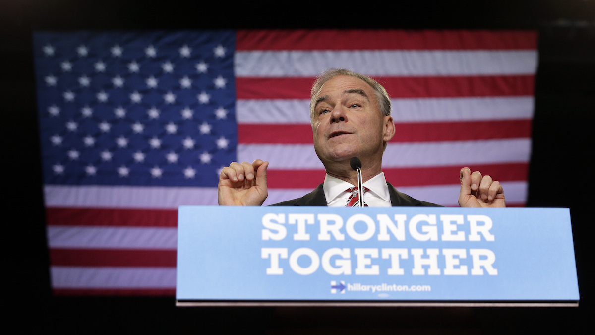  Democratic vice presidential candidate, Sen. Tim Kaine, D-Va. speaks during a campaign rally in Wilmington, N.C., Tuesday, Sept. 6, 2016. (AP Photo/Chuck Burton) 