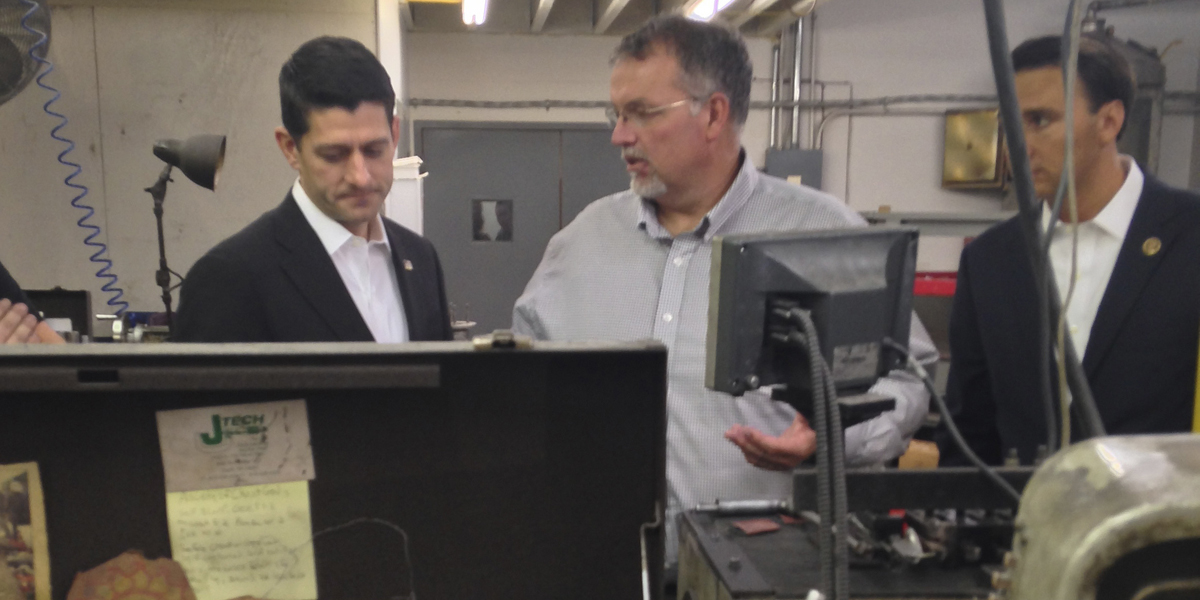  House Speaker Paul Ryan, U.S. Rep. Ryan Costello, R-Pennsylvania, right, and Scott Johnson, center, owner of J-Tech tour the company in Chester Springs in October. (AP Photo/Alan Fram) 