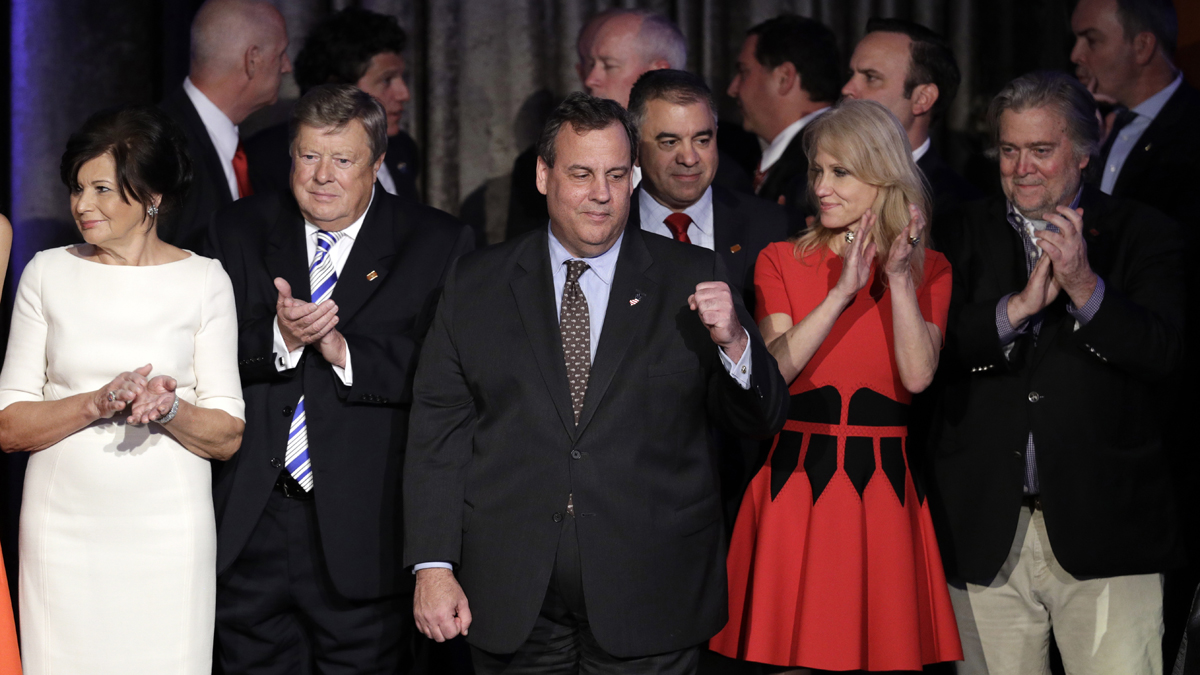 New Jersey Gov. Chris Christie pumps his fist as President-elect Donald Trump gives his acceptance speech during his election night rally in New York. (AP Photo/John Locher)