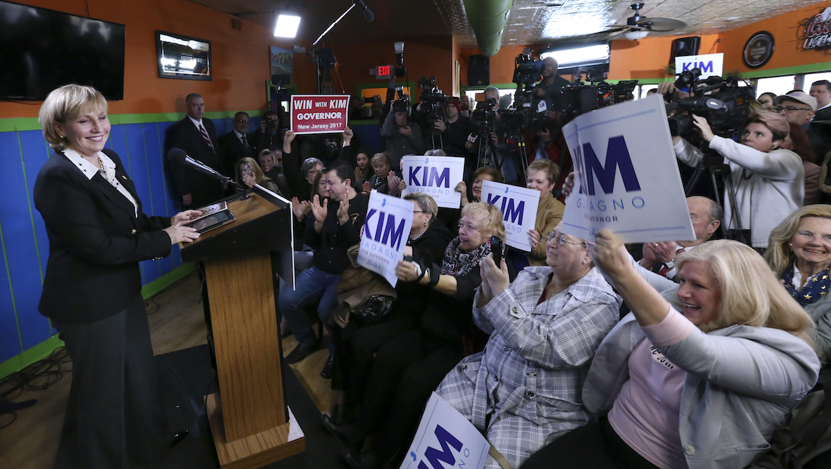Supporters wave signs as Republican New Jersey Lt. Gov. Kim Guadagno announces her candidacy for governor