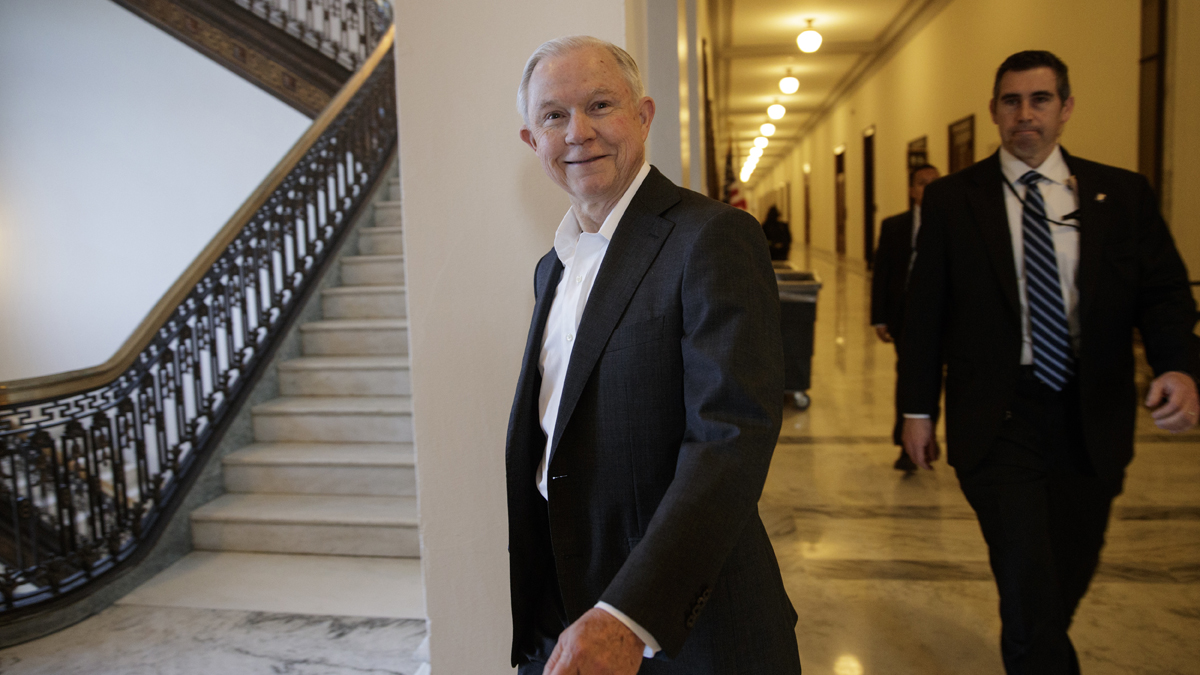 The newly confirmed U.S. Attorney General  Jeff Sessions leaves his office on Capitol Hill in Washington  Wednesday. He was confirmed in a nearly party-line vote.(AP Photo/J. Scott Applewhite)