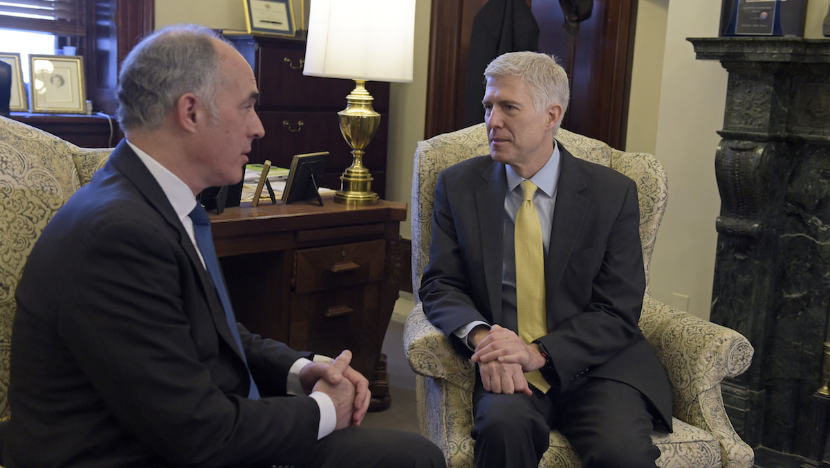  Sen. Bob Casey, Jr., D-Pa., left, talks with Supreme Court Justice nominee Neil Gorsuch at the beginning of their meeting on Capitol Hill in Washington, Thursday, Feb. 16, 2017. (AP Photo/Susan Walsh) 