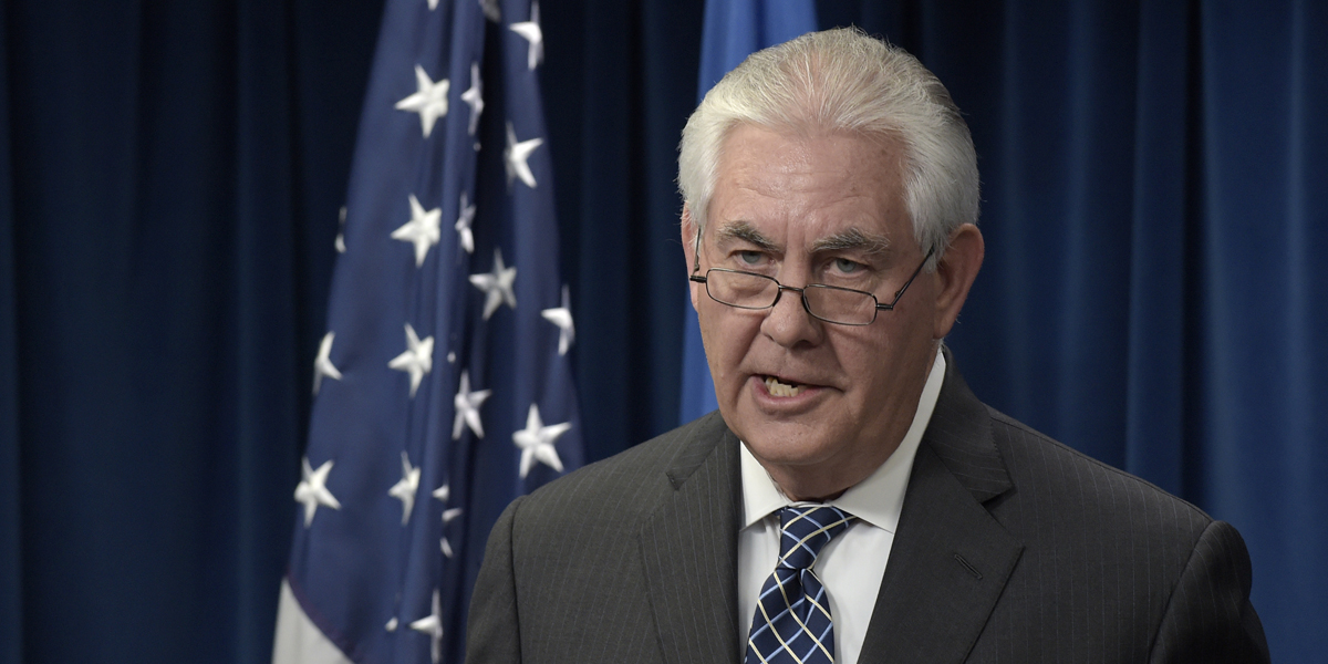  Secretary of State Rex Tillerson makes a statement on issues related to visas and travel Monday at the U.S. Customs and Border Protection office in Washington. (AP Photo/Susan Walsh) 