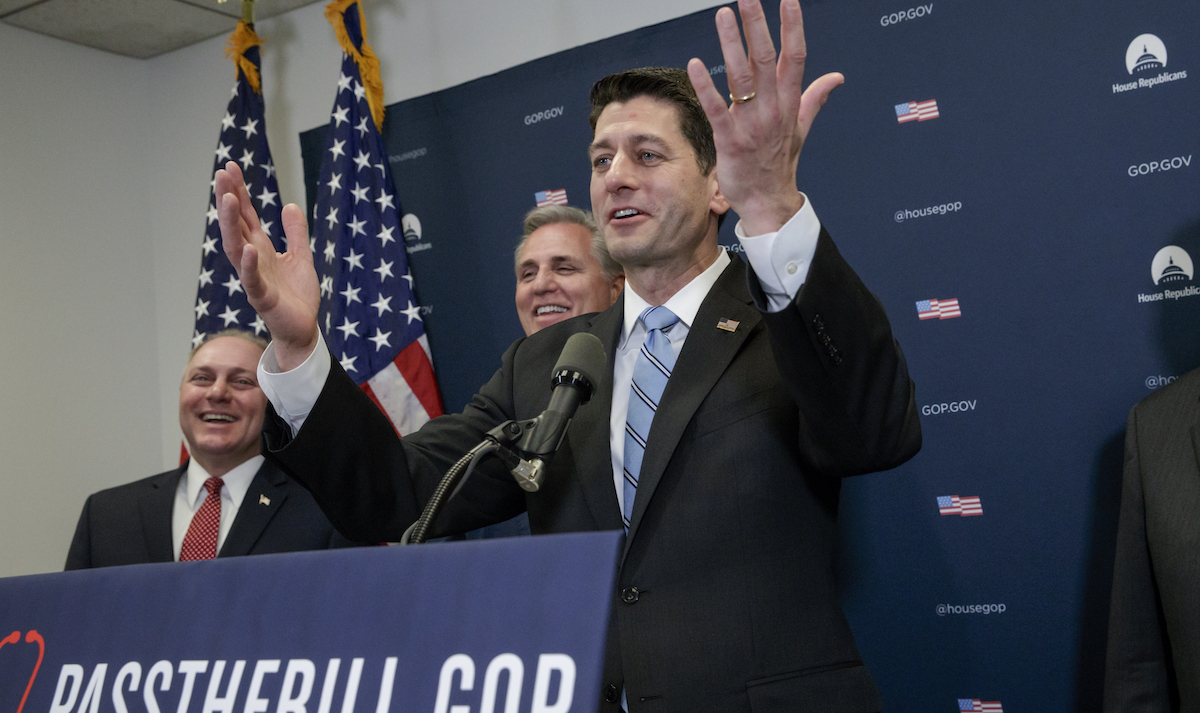  From right, House Speaker Paul Ryan of Wis., joined by House Majority Leader Kevin McCarthy of Calif., and Majority Whip Steve Scalise, R-La., speaks to reporters on Capitol Hill in Washington, Tuesday, March 21, 2017, after meeting with President Donald Trump who came to Capitol Hill to rally support among GOP lawmakers for the Republican health care overhaul. (AP Photo/J. Scott Applewhite) 