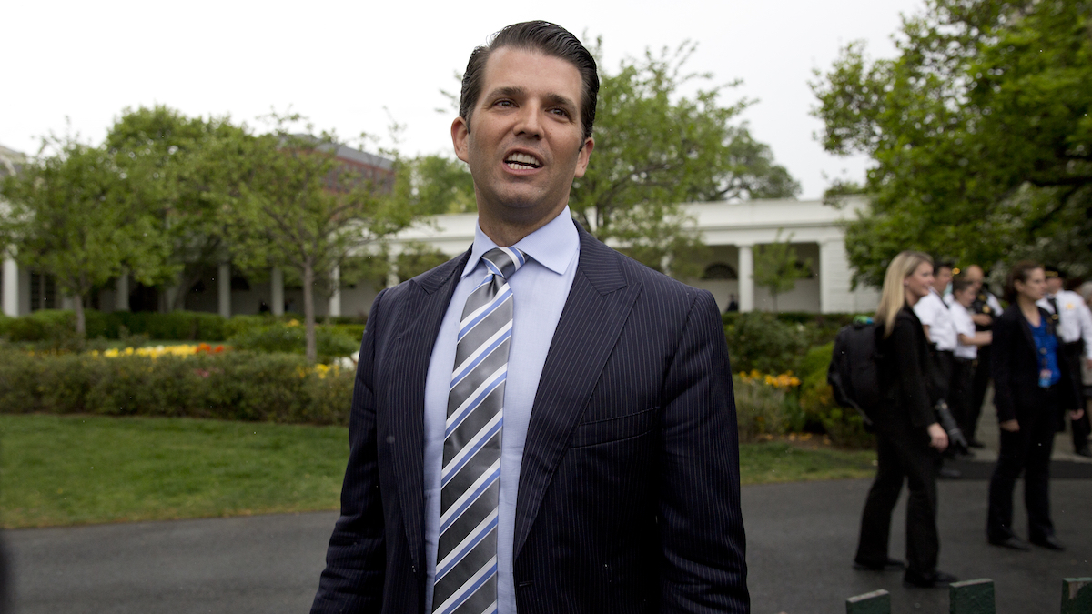 Donald Trump Jr., the son of President Donald Trump, speaks to media during the annual White House Easter Egg Roll on the South Lawn of the White House in Washington, Monday, April,17, 2017. (AP Photo/Carolyn Kaster) 