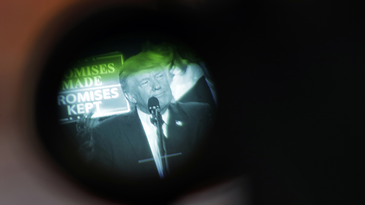  President Donald Trump is seen on a television camera's viewfinder as he speaks at a rally in Harrisburg, Pa., Saturday, April 29, 2017. (AP Photo/Patrick Semansky) 