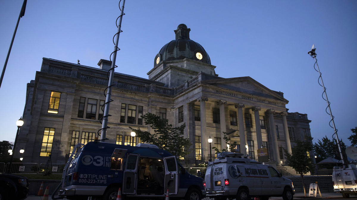  Television trucks are parked at the Montgomery County Courthouse for Bill Cosby's sexual assault trial at the in Norristown, Pa., Thursday, June 8, 2017. (AP Photo/Matt Rourke) 