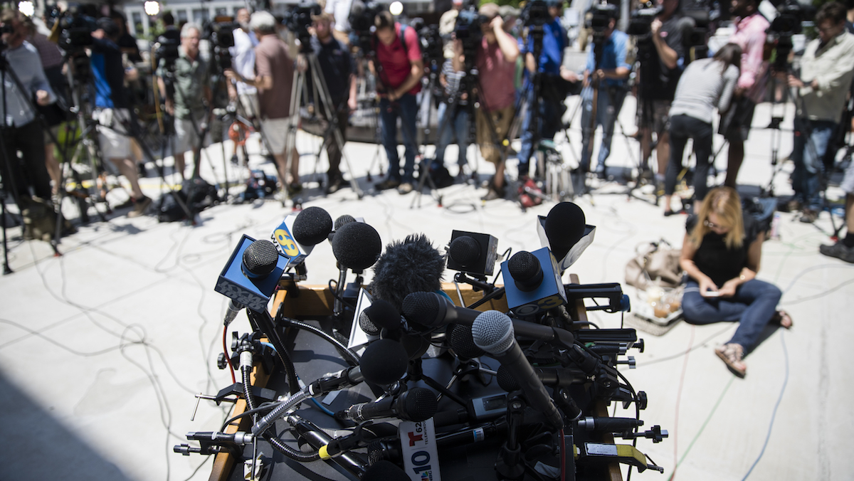  Shown is the podium during Bill Cosby's sexual assault trial at the Montgomery County Courthouse in Norristown, Pa., Thursday, June 15, 2017. (AP Photo/Matt Rourke) 