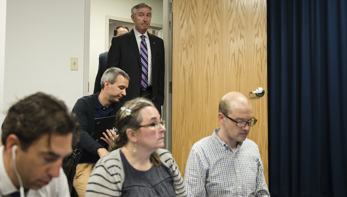  District Attorney Kevin Steele walks to the podium for a news conference after a mistrial in Bill Cosby's sexual assault case in Norristown, Pa., Saturday.  (AP Photo/Matt Rourke)  