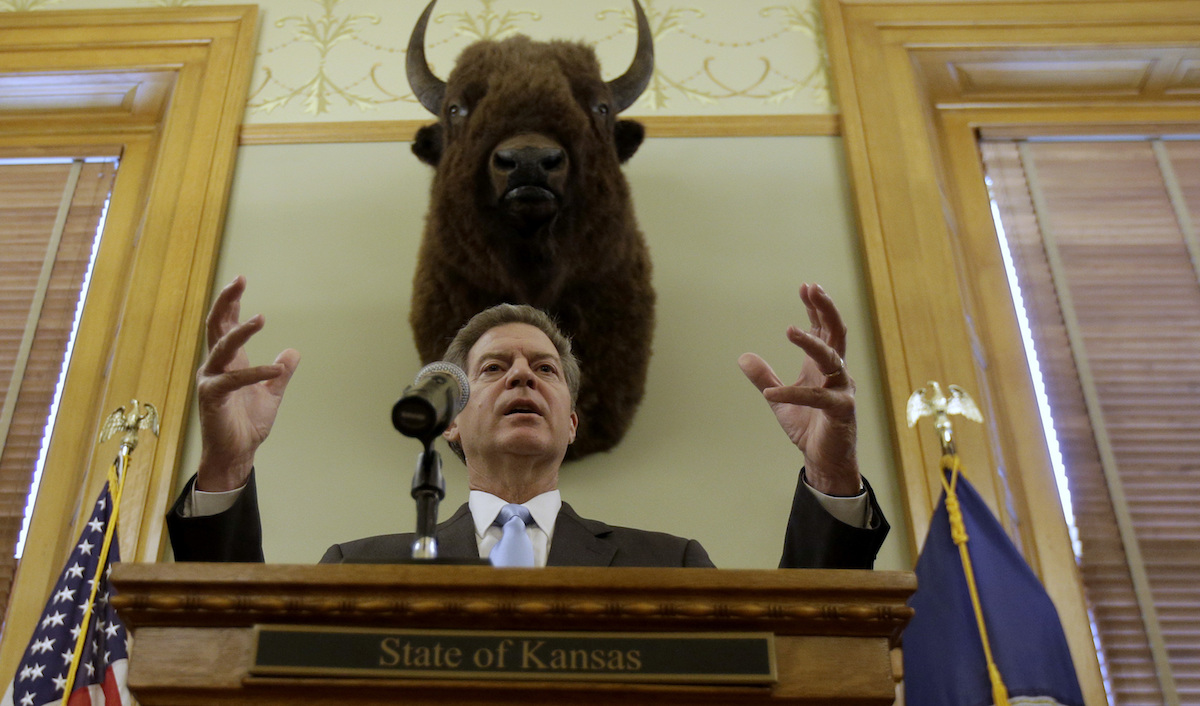  Kansas Gov. Sam Brownback talks to the media during a news conference Thursday, July 27, 2017, in Topeka, Kan. President Donald Trump on Wednesday nominated Brownback to be ambassador-at-large for international religious freedom. (AP Photo/Charlie Riedel) 