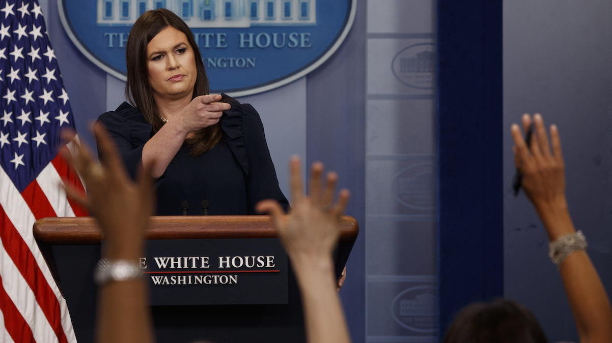 White House press secretary Sarah Huckabee Sanders calls on a reporter during the daily press briefing, Tuesday, Aug. 1, 2017, at the White House in Washington. (AP Photo/Evan Vucci) 
